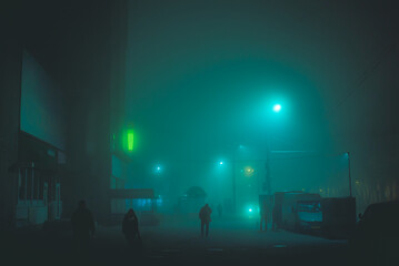 moody foggy street night city landscape, colorful lights in the fog, lonely person