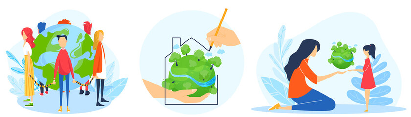 People save planet vector illustration set. Cartoon flat ecologist activist characters protect green nature, earth globe ecology and environment. Ecological environmental protection isolated on white © Seahorsevector