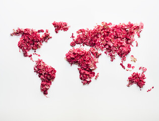 Clearly visible continents on a handmade pink world map