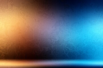 Fantastic 3d room decorated blue cold and yellow warm spotlights. Streaks pattern and black shades on textured wall and floor background.