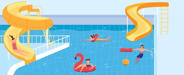 People swim in waterpark pool vector illustration. Cartoon flat swimmer kid characters have fun on aqua attractions in spiral plastic water slides and pipes, swimming in blue aquapark pool background