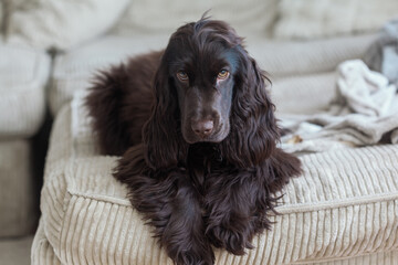 Brown English cocker spaniel dog lying on the sofa
