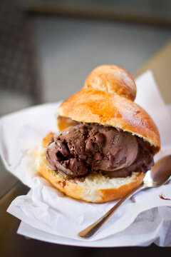 Brioche with chocolate ice cream