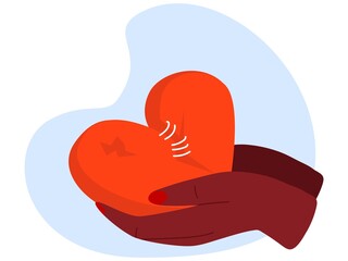 Love care yourself vector illustration. Cartoon people volunteer hands hold damaged broken red heart, give loving symbol and social mentally support. Mental health, hope flat concept isolated on white
