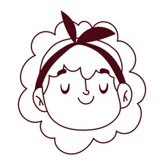 young girl female cartoon face curly hair isolated icon white background