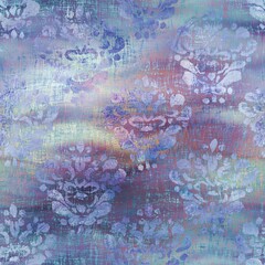 Shiny damask pattern on wavy satin like material. High quality illustration. Graceful smooth fluid background design with classic damask hand drawn pattern overlay. Vivid glowing trendy backdrop.