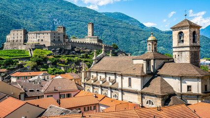 Scenic cityscape of Bellinzona with Castelgrande castle and Chiesa Collegiata dei Santi Pietro e...