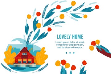 Home sweet lovely home concept vector illustration. Cartoon flat cute decorated village house in countryside with pretty flower blossoms and floral art decoration, love home concept idea background