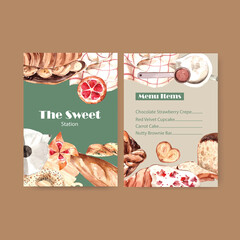 Menu of bakery template design for restaurant and food shop watercolor illustration