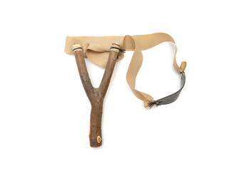 Wooden homemade slingshot for shooting.