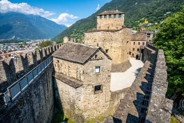 Scenic wide angle view of Castello di Montebello castle from rampart walk in Bellinzona Switzerland