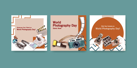 Advertise template design with World photography day for leaflet and brochure watercolor illustration