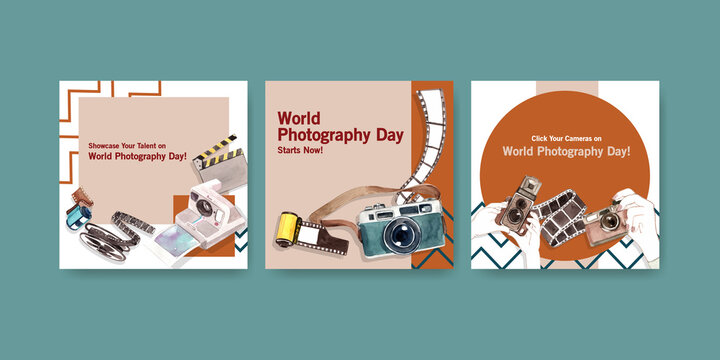 Advertise template design with World photography day for leaflet and brochure watercolor illustration