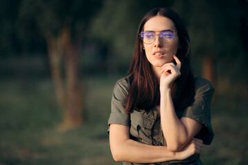 Surprised Thinking Woman Wearing Retro Eyeglasses