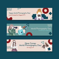 Banner template design with World photography day for advertise and brochure watercolor illustration