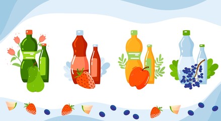 Juice vitamin drink vector illustrations. Cartoon flat organic fruits and berries drink from juicer collection with pear strawberry apple grapes fresh beverage in bottle, healthy lifestyle background