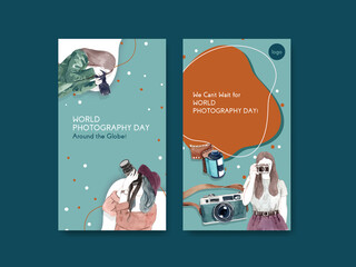 Instagram template design with World photography day for social media and online marketing watercolor illustration