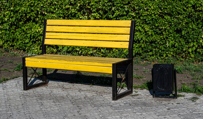 Wooden yellow benches in a city park in summer.