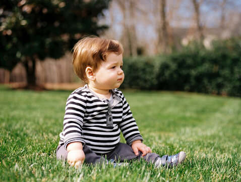 Cute boy toddler sitting on grass