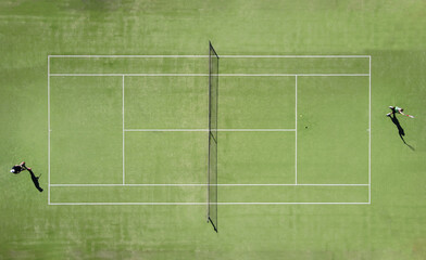 aerial view of two players on a tennis court