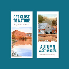 Flyer template with landscape in autumn design for brochure and leaflet.Fall seasons watercolor vector illustration