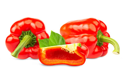 fresh red bell pepper (capsicum) and a cut one on a white background