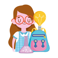 happy teachers day, student girl backpack chemistry test tube