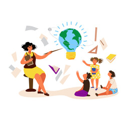 Interesting idea, people certain profession, teacher conducts training at school, cartoon vector illustration, isolated on white. Seminar for children, woman professor discussing class with teenagers.
