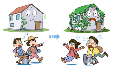 蔦の絡まる家-時間経過で植物が伸びる