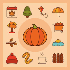 autumn season weather line and fill icons set background