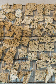 Crackers cooling down on baking rack