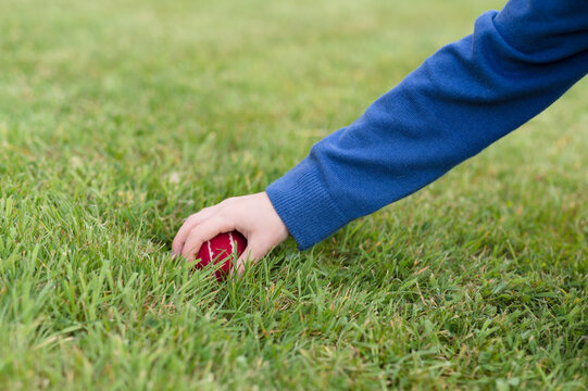 Child's arm grabs cricket ball on grass