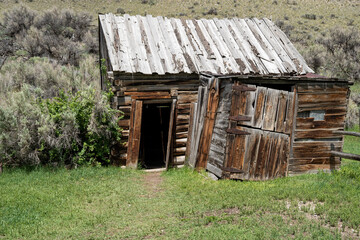 Abandoned building and shack in Bannack Ghost Town in Montana