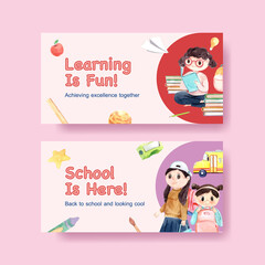 Back to school and education concept with twitter template for advertising online and digital marketing watercolor Vector Illustration.