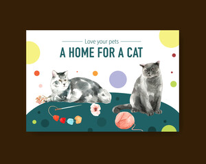 Facebook template design with cute cat for social media,advertise and online community watercolor illustration