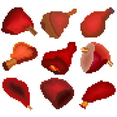 A set of nine food items made up of pixels. Roast pork leg, more beef, lamb, and more. Old graphics, interesting images for games, websites, restaurant menus, and more.