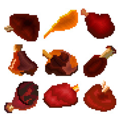 A set of nine food items made up of pixels. Roast pork leg, more beef, lamb, and more. Old graphics, interesting images for games, websites, restaurant menus, and more.