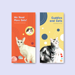 Flyer template design with cute cat for brochure,advertise and leaflet watercolor illustration