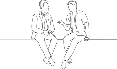 continuous one line drawing of two sitting men talking