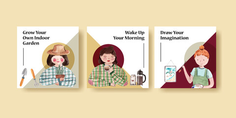 Daily life ads template design for brochure and marketing  watercolor illustration