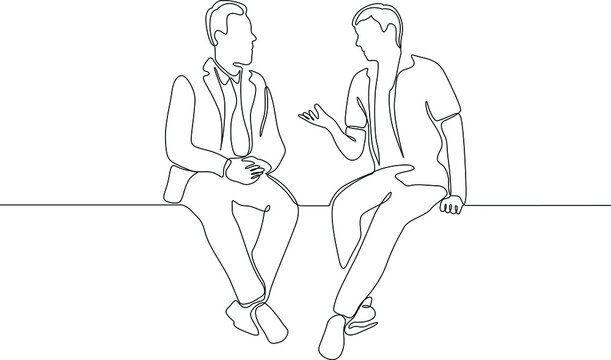 continuous one line drawing of two sitting men talking