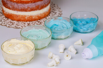 Cake decorating bag with nozzles and cream on white background.