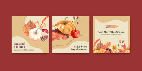 Autumn season vintage with pumpkin, owl, mushroom ,maple leaves and flowers watercolor vector illustration.