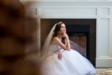 Stylish Elegant Modern Bride Before Wedding Ceremony in Living Room