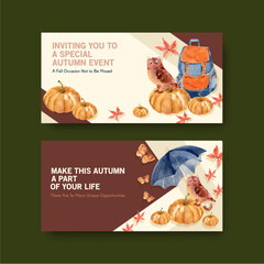 Fototapeta premium Autumn season vintage with pumpkin, owl, mushroom ,maple leaves and flowers watercolor vector illustration.