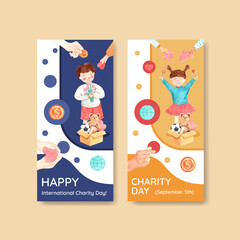  International Day of Charity flyer concept design with brochure and leaflet watercolor vector.