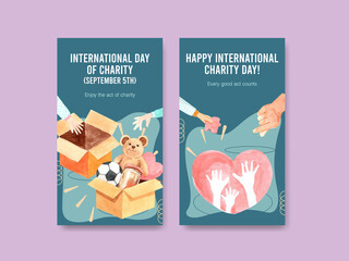  Instagram template with International Day of Charity concept design for social media and internet watercolor vector.