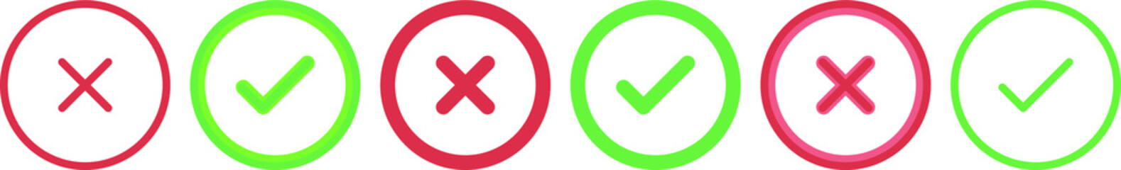 Fototapeta premium Thin line check mark icon, checkmark and x or confirm, Check Mark Cross Circle Icon Green Red, Green and red check mark icon for apps and websites