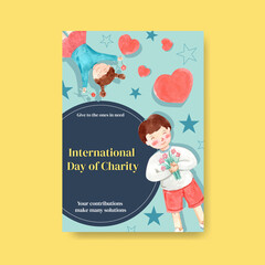 Poster template with International Day of Charity concept design for brochure and leaflet watercolor vector.