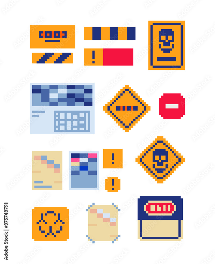 Poster danger toxic chemicals symbol pixel art icons set. attention is dangerous. barrier tape. warning sig